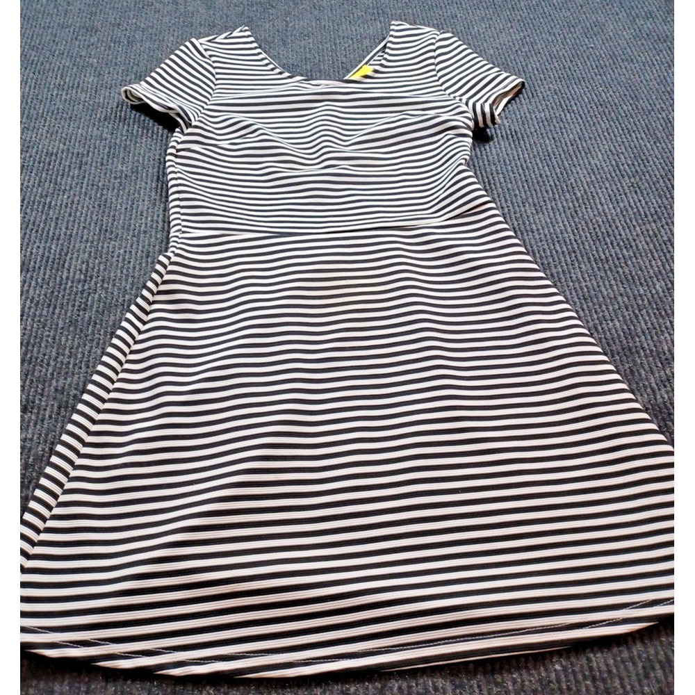 Ezra Black White Striped Print Scoop Neck Short Sleeve‎ Shift Dress Women M